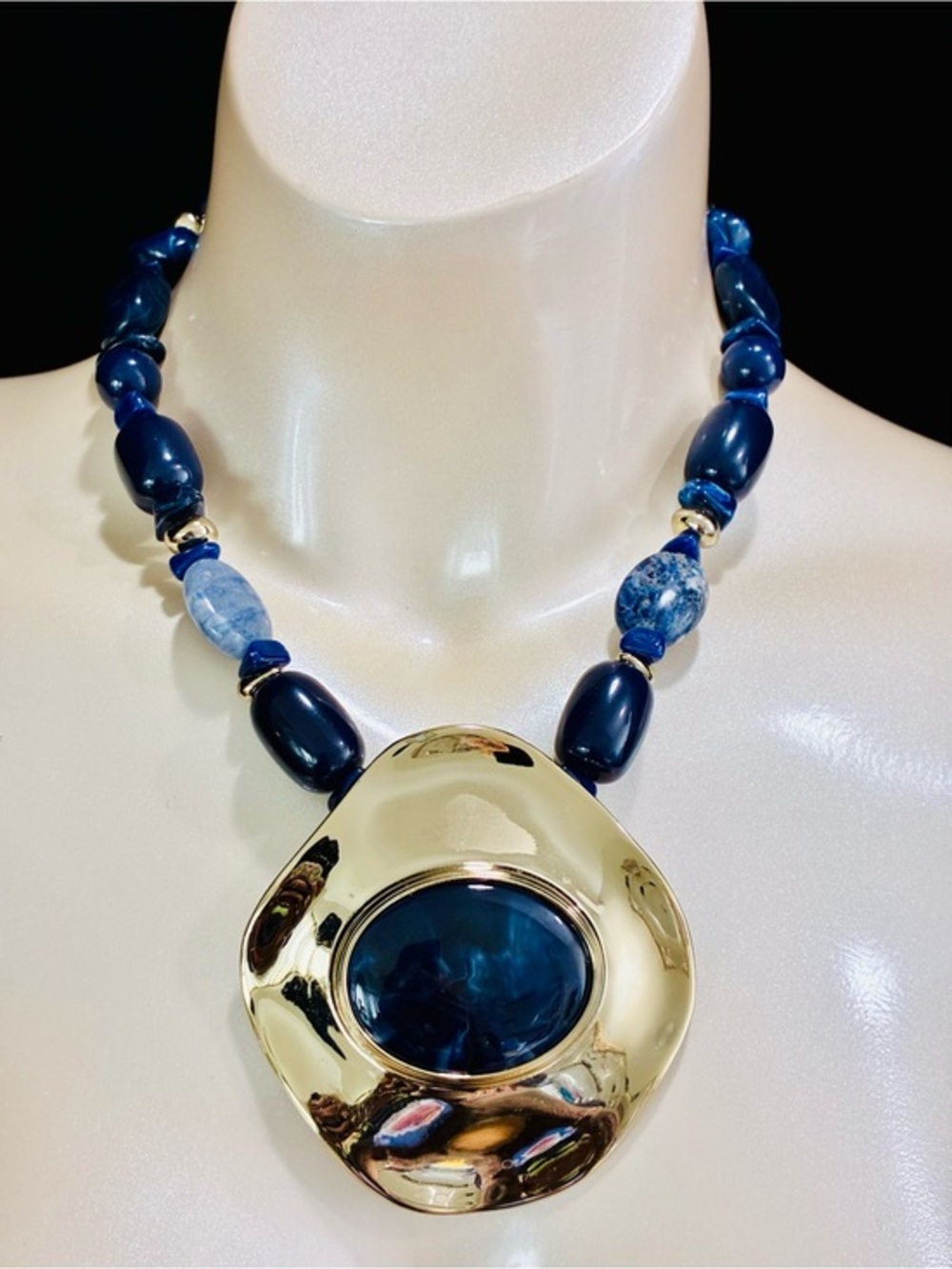 Chico's Blue and Gold Statement Pendant Necklace Contemporary Chunky Bohemian